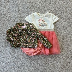 5/$25 Little Lass Baby Green and Coral 3 Piece Dress Set